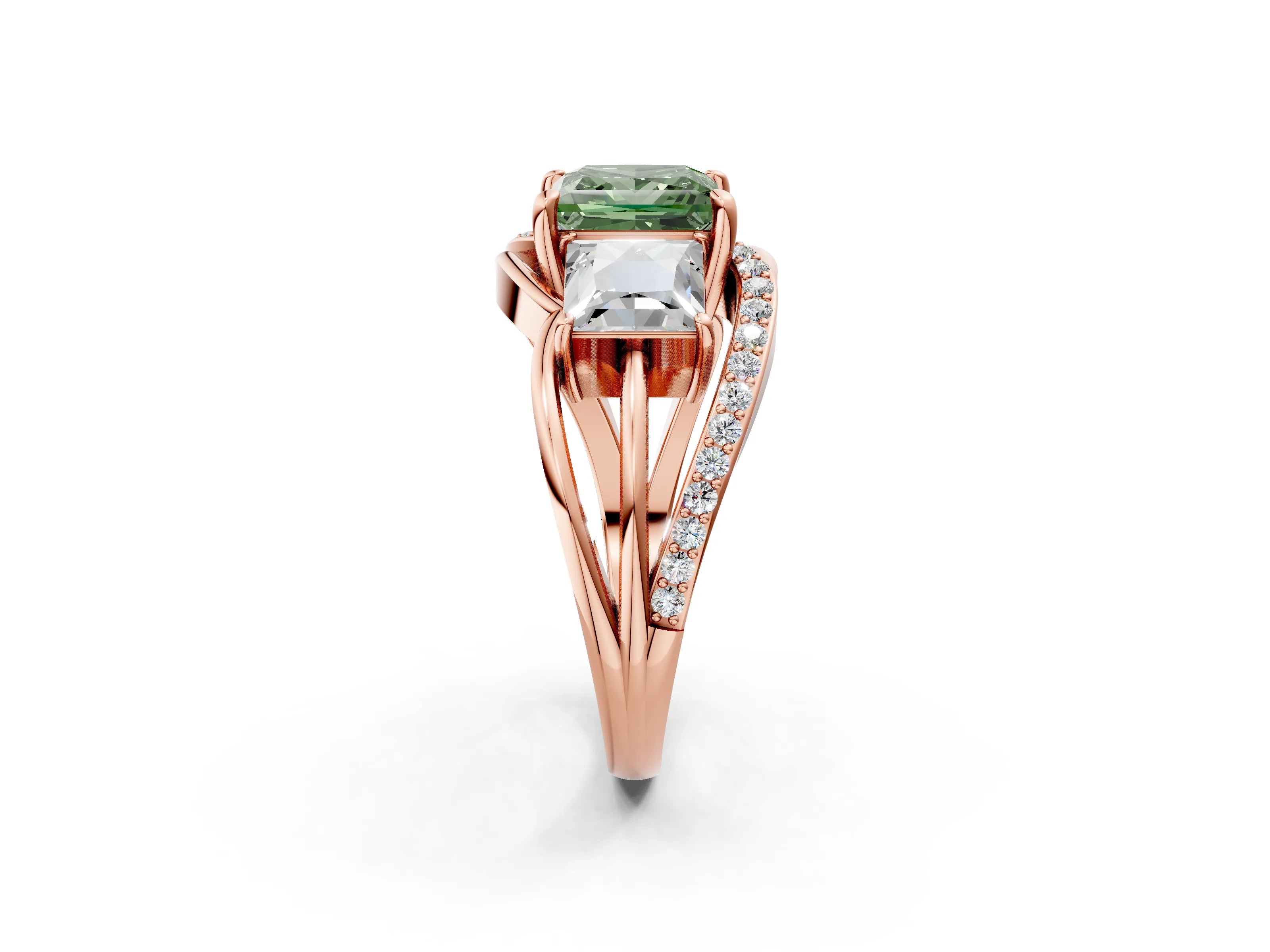 Rose gold Three-Stone Fancy Green Princess Cut Cut Diamond Split Shank Prong Set Ring_2