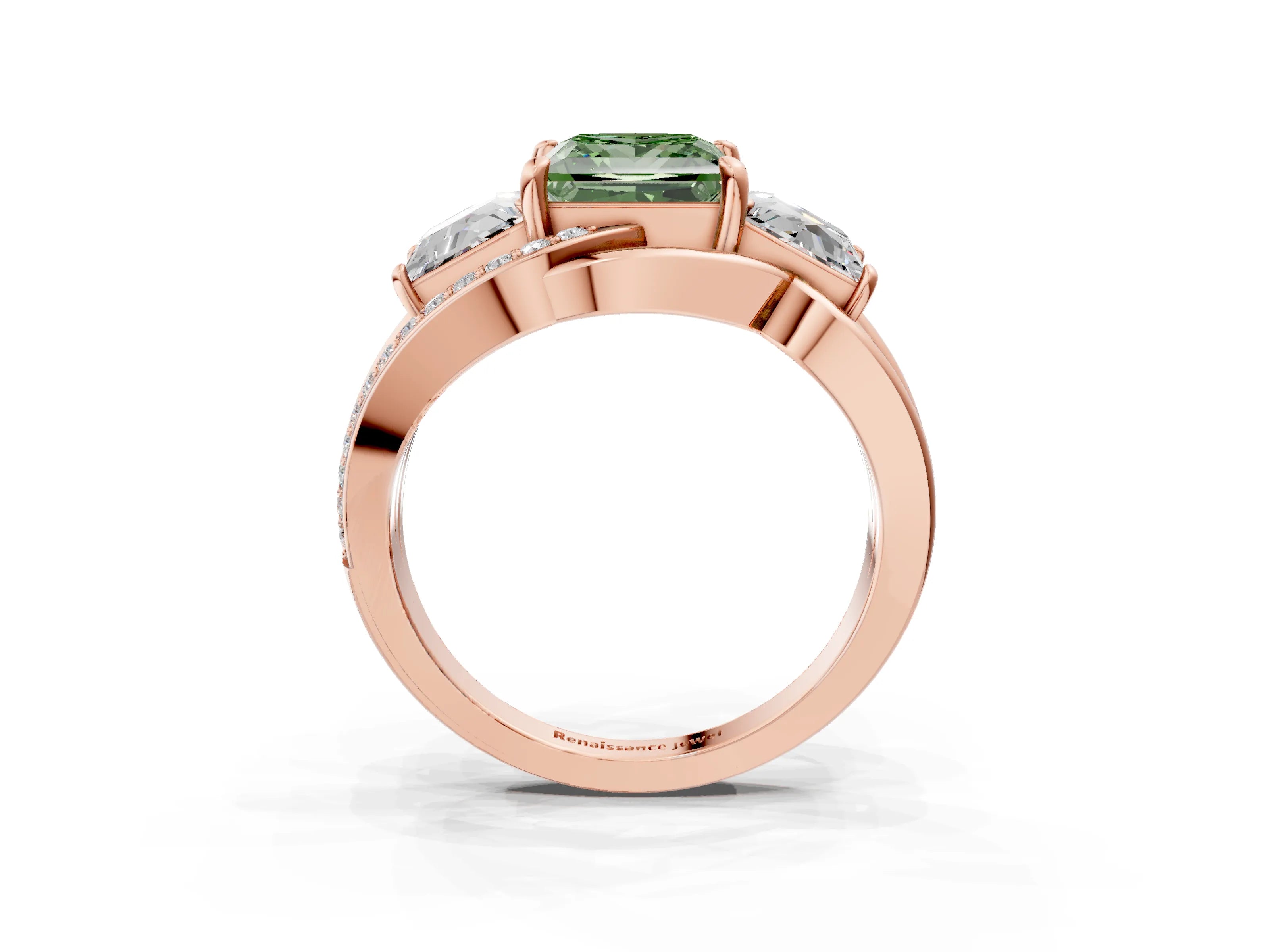Rose gold Three-Stone Fancy Green Princess Cut Cut Diamond Split Shank Prong Set Ring_3