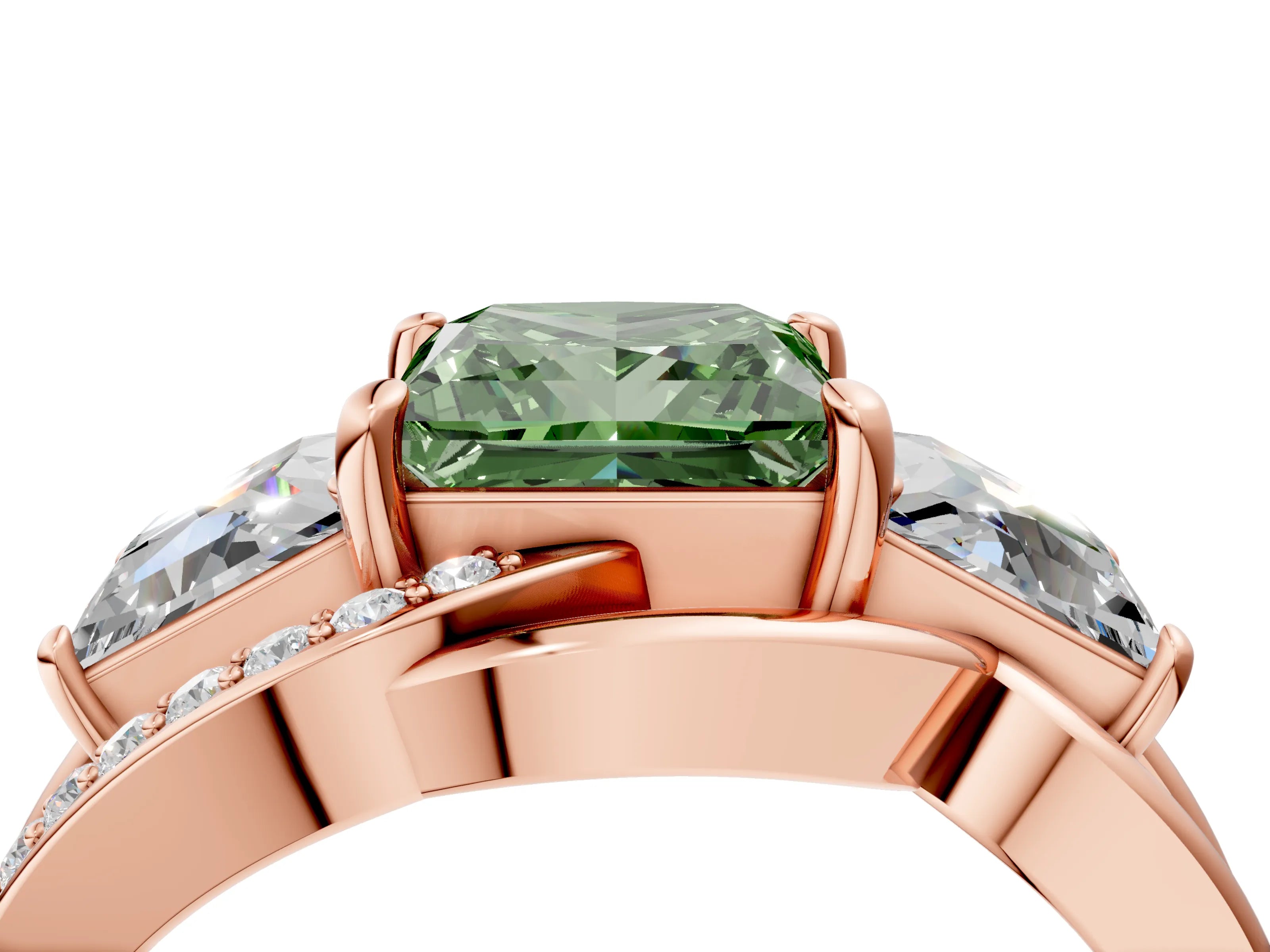 Rose gold Three-Stone Fancy Green Princess Cut Cut Diamond Split Shank Prong Set Ring_4