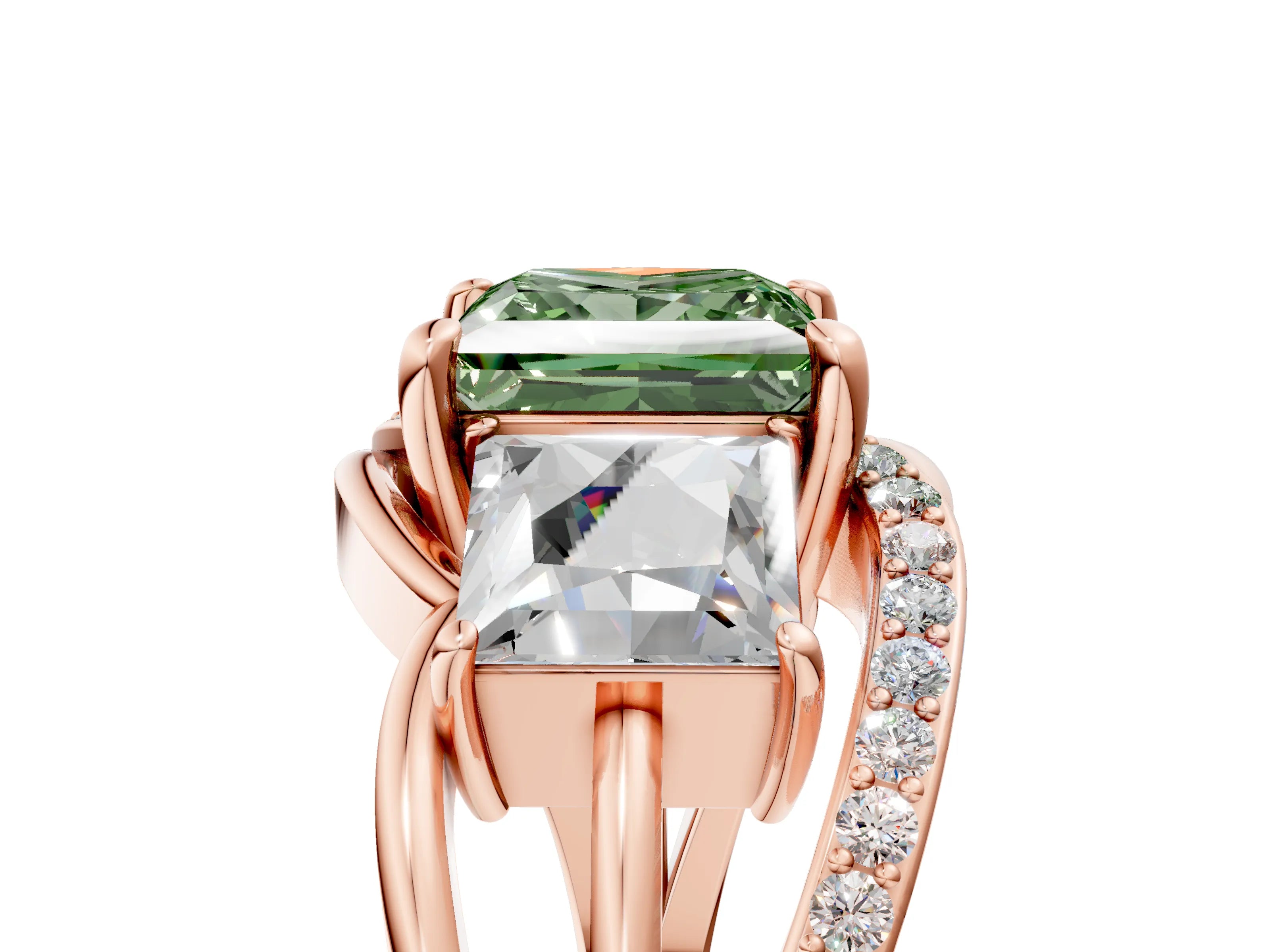 Rose gold Three-Stone Fancy Green Princess Cut Cut Diamond Split Shank Prong Set Ring_5