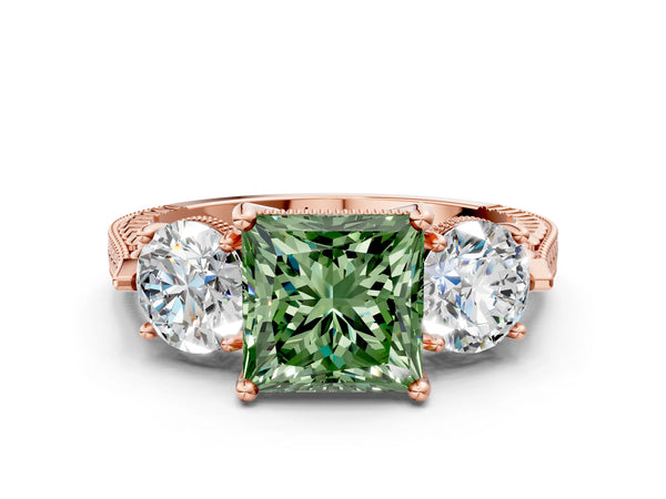 Rose Gold Princess Cut Vintage Three Stone Engagement Ring Setting for Fancy Green Center