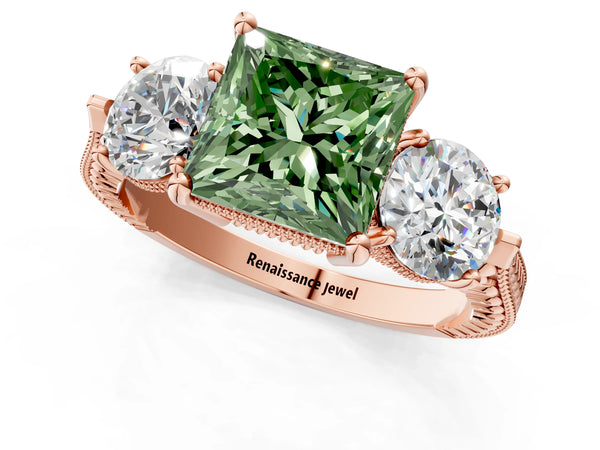 Rose Gold Princess Cut Vintage Three Stone Engagement Ring Setting for Fancy Green Center