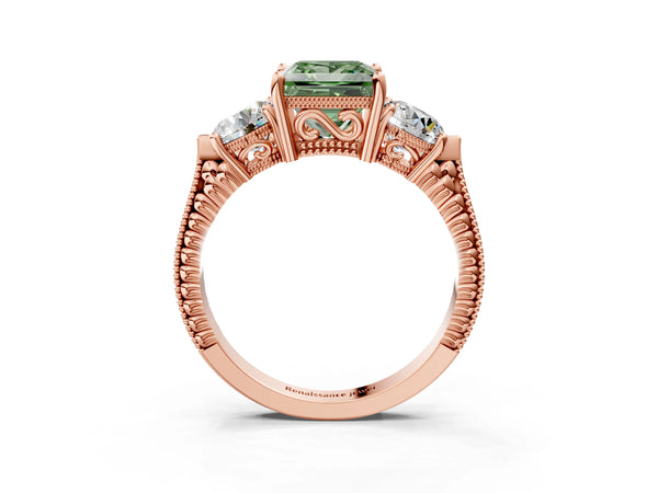 Rose Gold Princess Cut Vintage Three Stone Engagement Ring Setting for Fancy Green Center