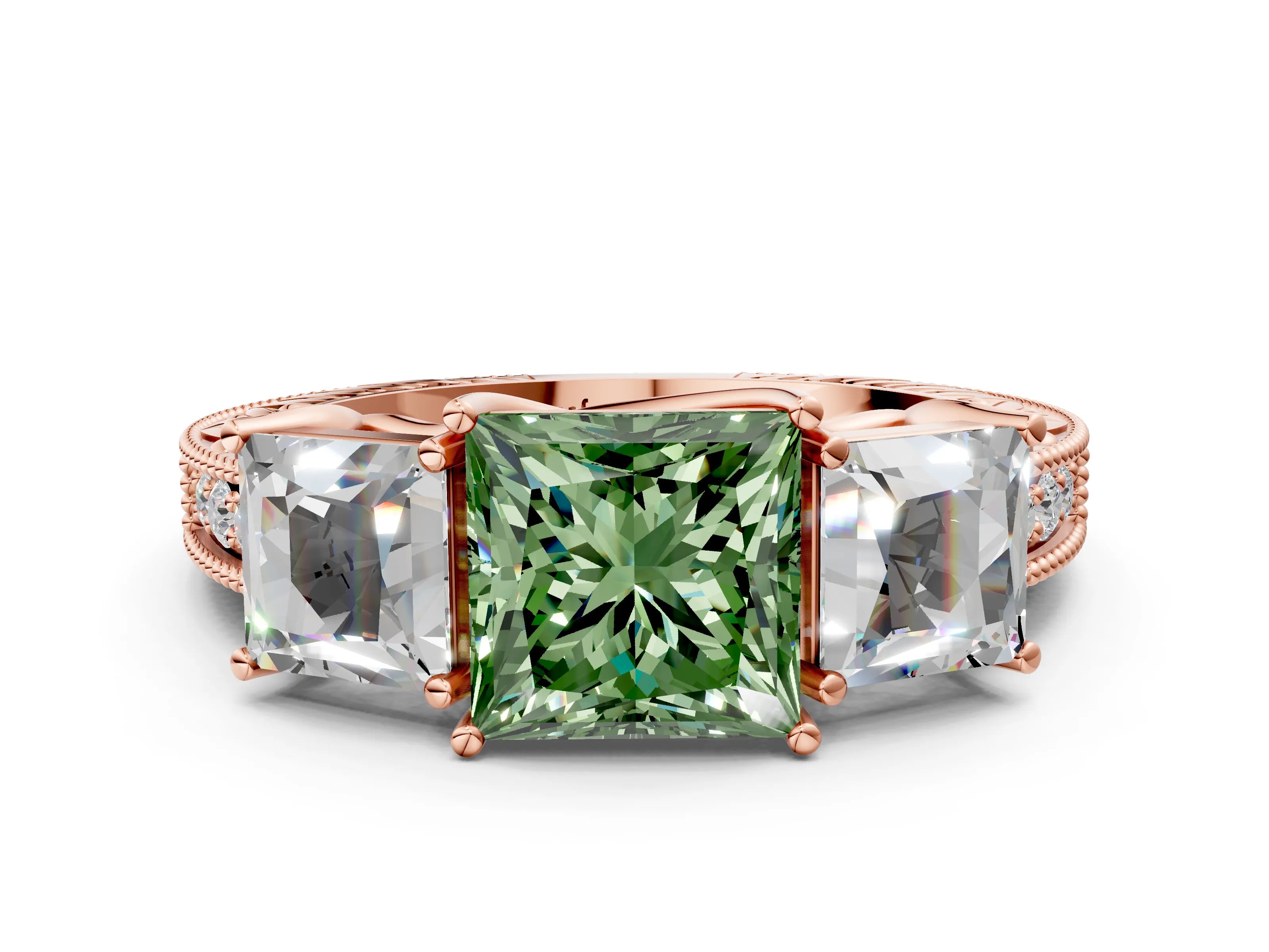 Rose gold Three-Stone Fancy Green Princess Cut Cut Milgrain Pavé Engagement Ring