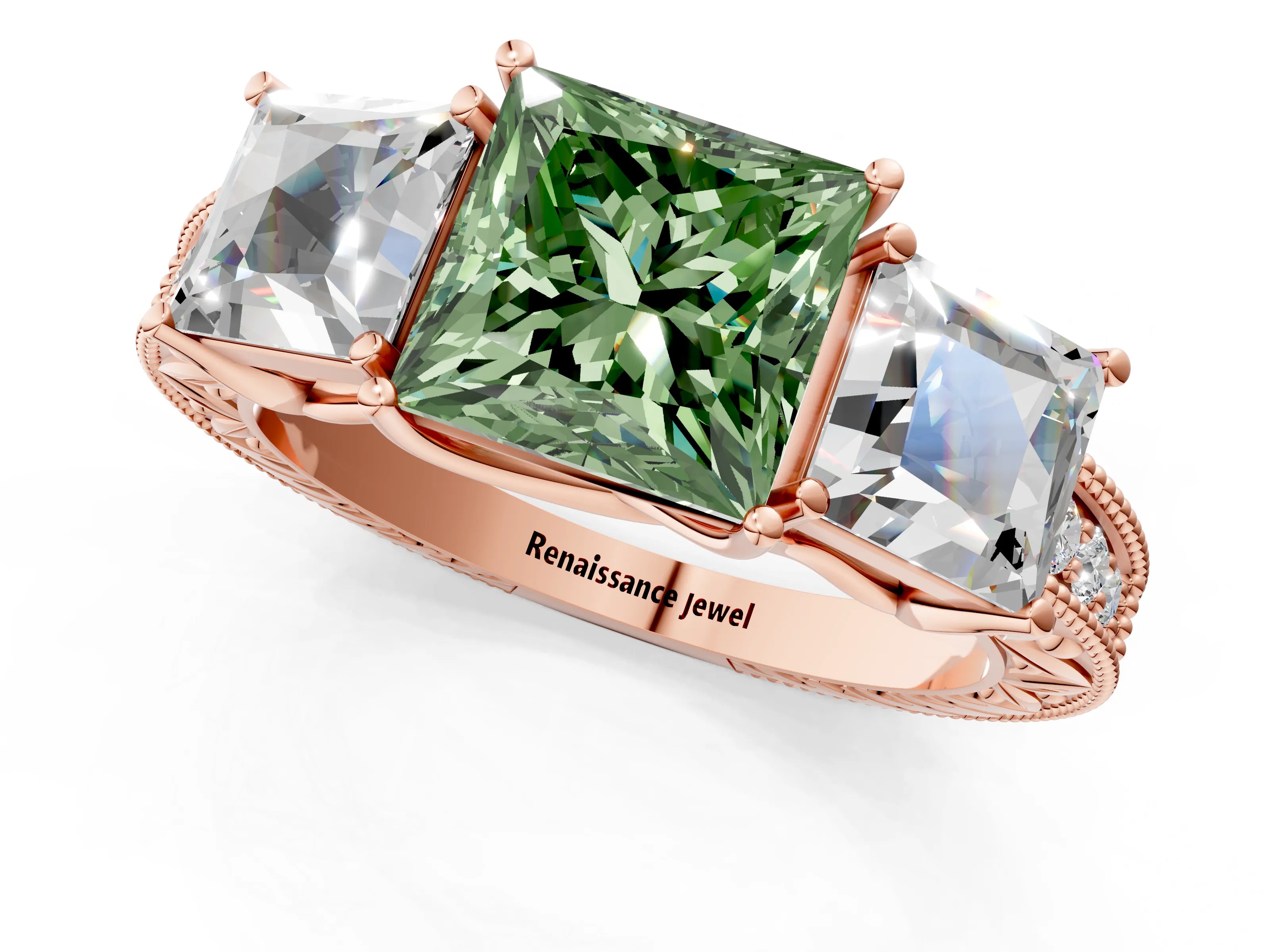 Rose gold Three-Stone Fancy Green Princess Cut Cut Milgrain Pavé Engagement Ring_1