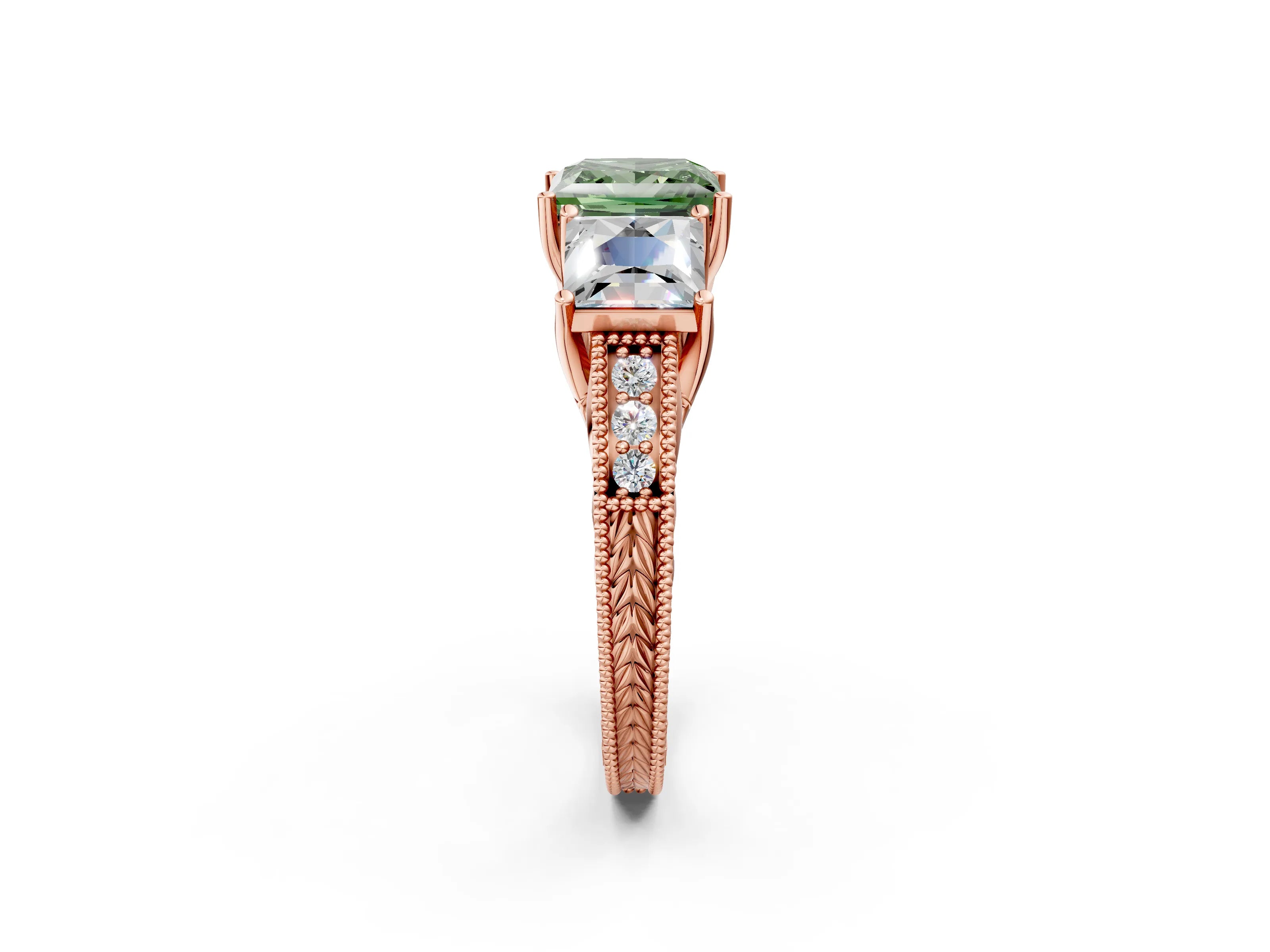 Rose gold Three-Stone Fancy Green Princess Cut Cut Milgrain Pavé Engagement Ring_14