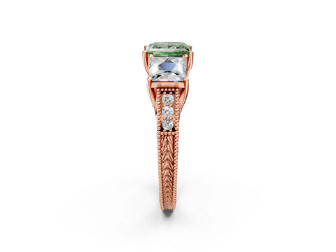 Rose gold Three-Stone Fancy Green Princess Cut Cut Milgrain Pavé Engagement Ring_14