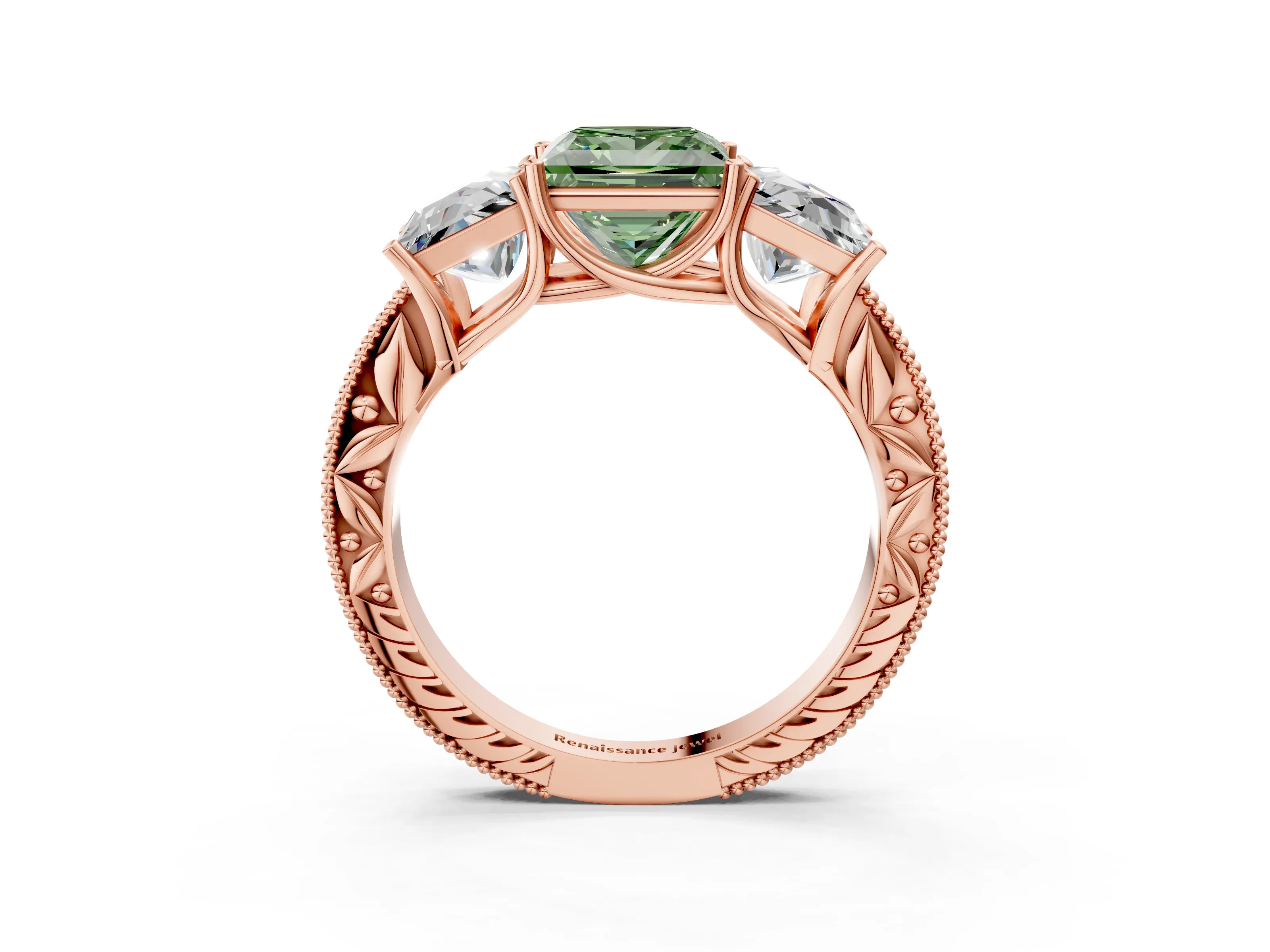 Rose gold Three-Stone Fancy Green Princess Cut Cut Milgrain Pavé Engagement Ring_15