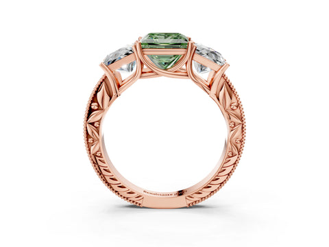 Rose gold Three-Stone Fancy Green Princess Cut Cut Milgrain Pavé Engagement Ring_15