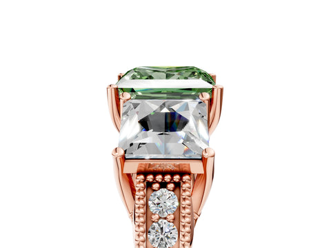 Rose gold Three-Stone Fancy Green Princess Cut Cut Milgrain Pavé Engagement Ring_17