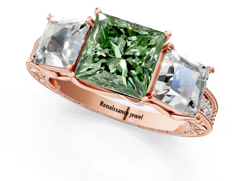 Rose gold Three-Stone Fancy Green Princess Cut Cut Milgrain Pavé Engagement Ring_1