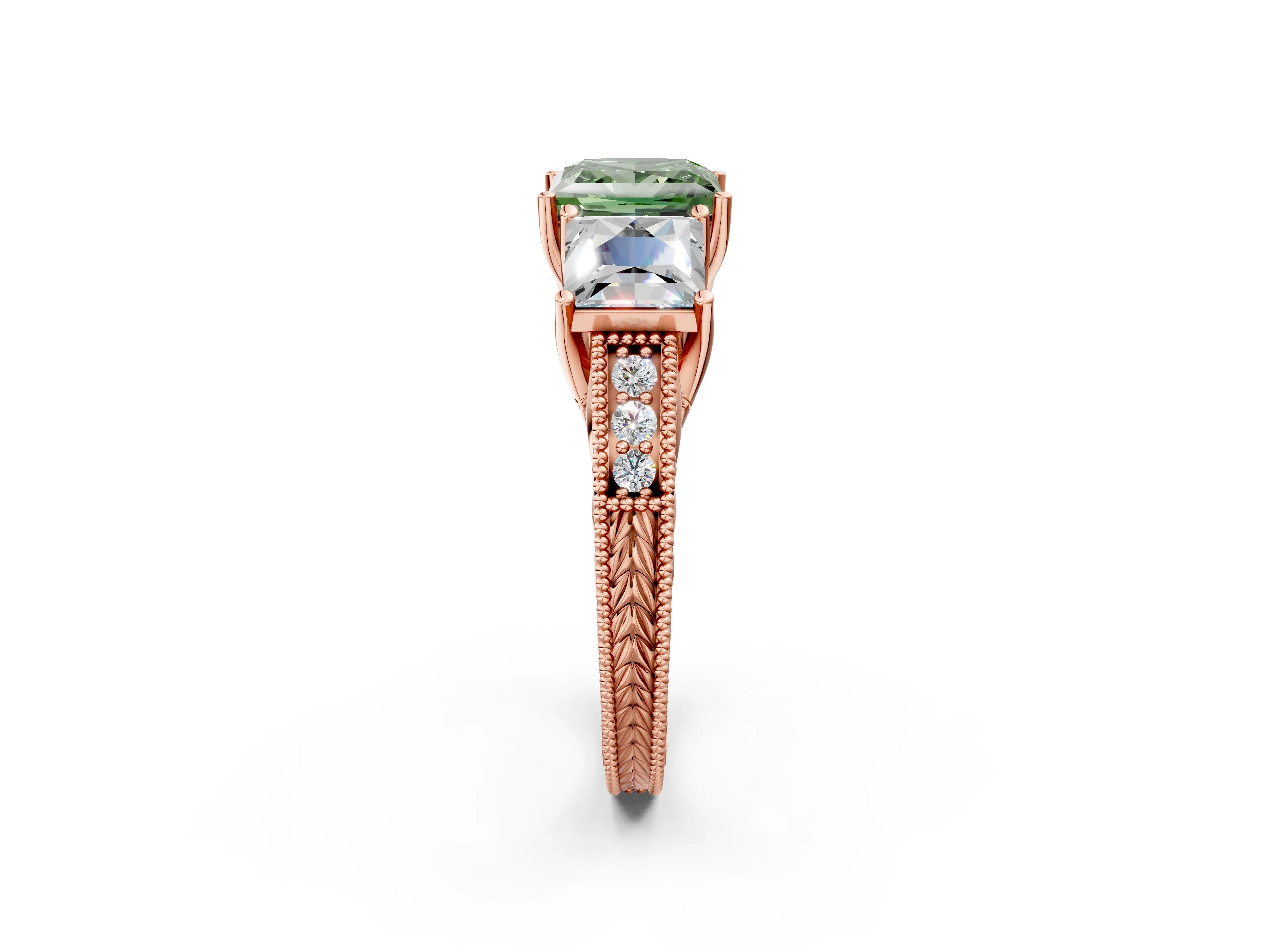 Rose gold Three-Stone Fancy Green Princess Cut Cut Milgrain Pavé Engagement Ring_2