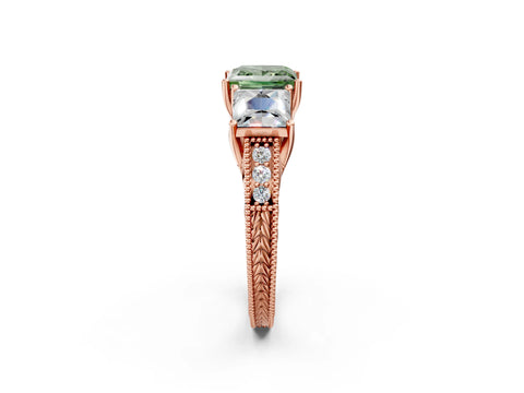 Rose gold Three-Stone Fancy Green Princess Cut Cut Milgrain Pavé Engagement Ring_2