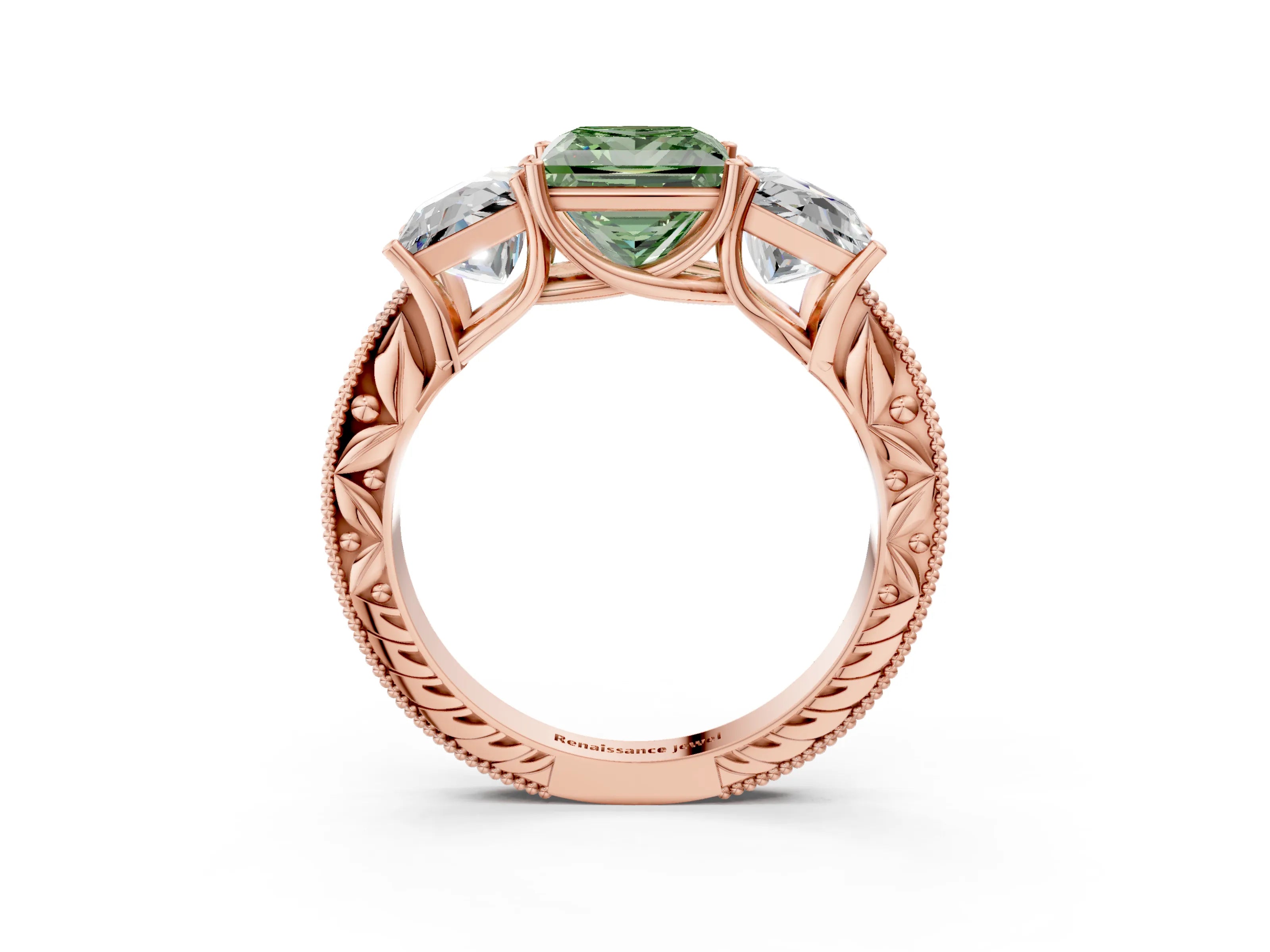 Rose gold Three-Stone Fancy Green Princess Cut Cut Milgrain Pavé Engagement Ring_3
