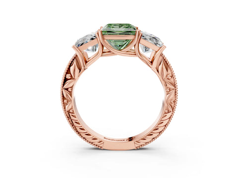 Rose gold Three-Stone Fancy Green Princess Cut Cut Milgrain Pavé Engagement Ring_3