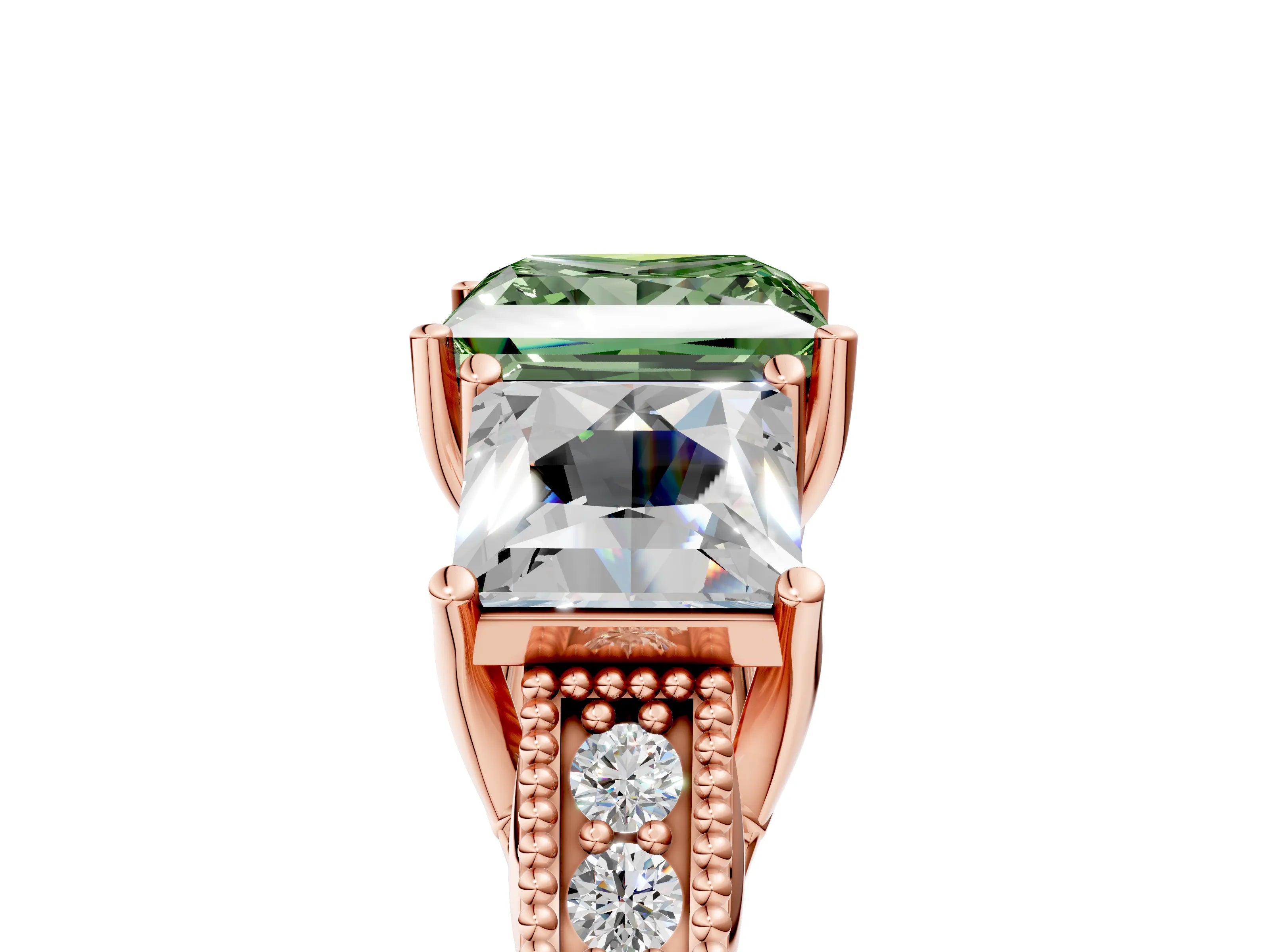 Rose gold Three-Stone Fancy Green Princess Cut Cut Milgrain Pavé Engagement Ring_5