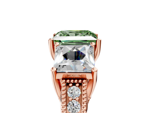 Rose gold Three-Stone Fancy Green Princess Cut Cut Milgrain Pavé Engagement Ring_5