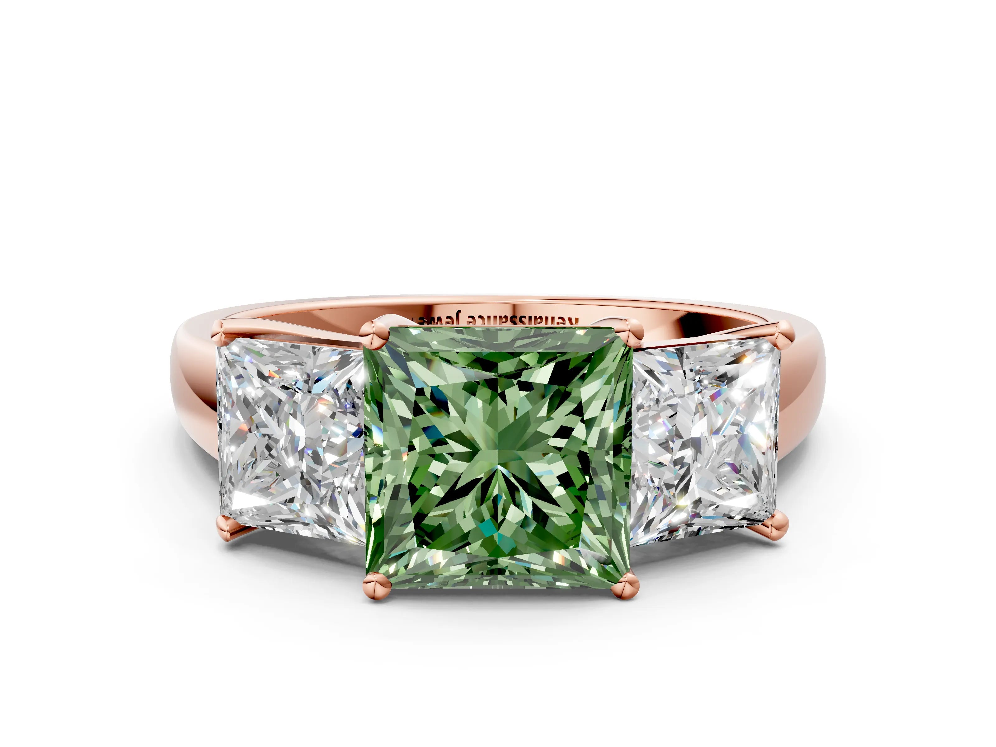 Rose gold Three-Stone Fancy Green Princess Cut Cut Solitaire Ring with Classic Prong Setting