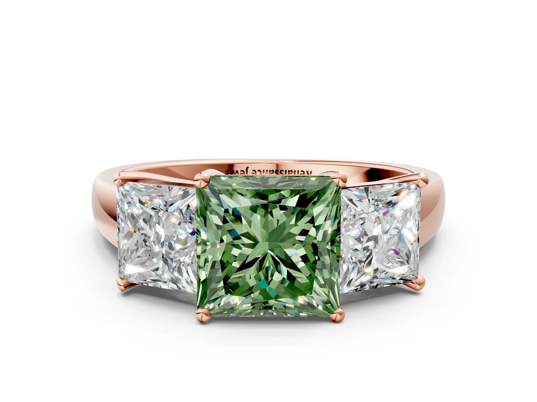 Rose gold Three-Stone Fancy Green Princess Cut Cut Solitaire Ring with Classic Prong Setting