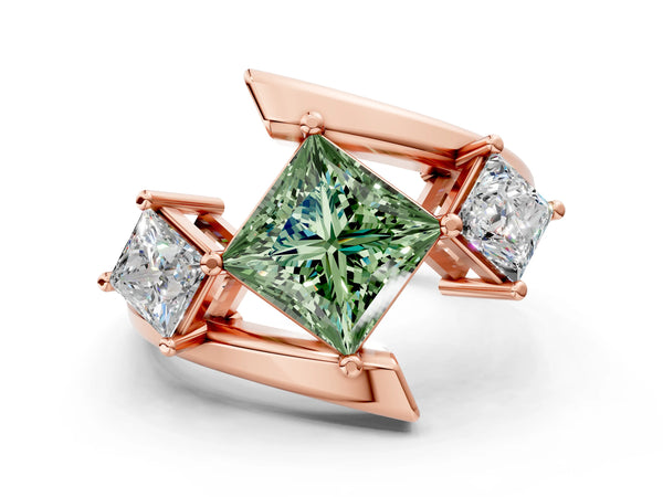 Rose gold Three-Stone Fancy Green Princess Cut Cut Tension Band Ring with Four-Prong Setting