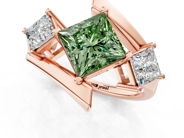 Rose gold Three-Stone Fancy Green Princess Cut Cut Tension Band Ring with Four-Prong Setting