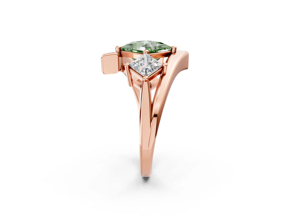 Rose gold Three-Stone Fancy Green Princess Cut Cut Tension Band Ring with Four-Prong Setting