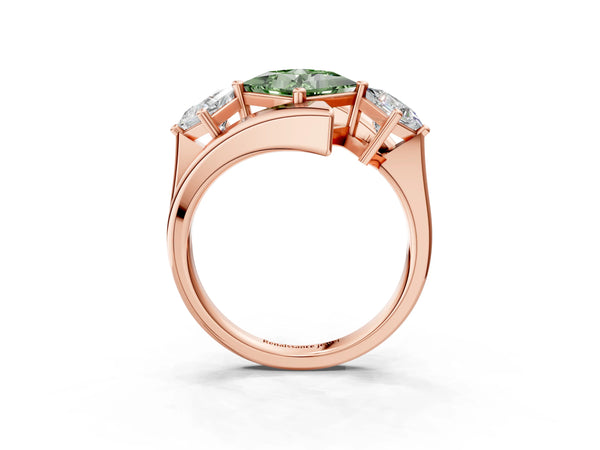 Rose gold Three-Stone Fancy Green Princess Cut Cut Tension Band Ring with Four-Prong Setting