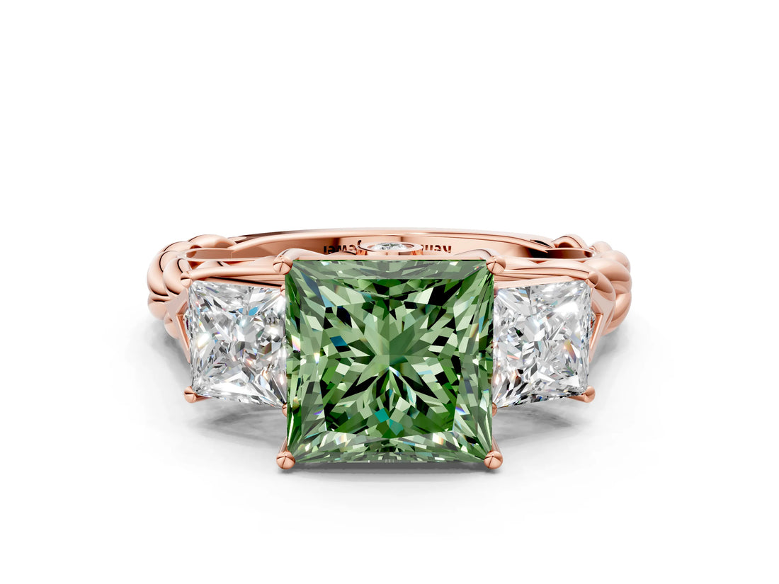 Rose gold Three-Stone Fancy Green Princess Cut Diamond Braided Band Ring with Four-Prong Setting_37