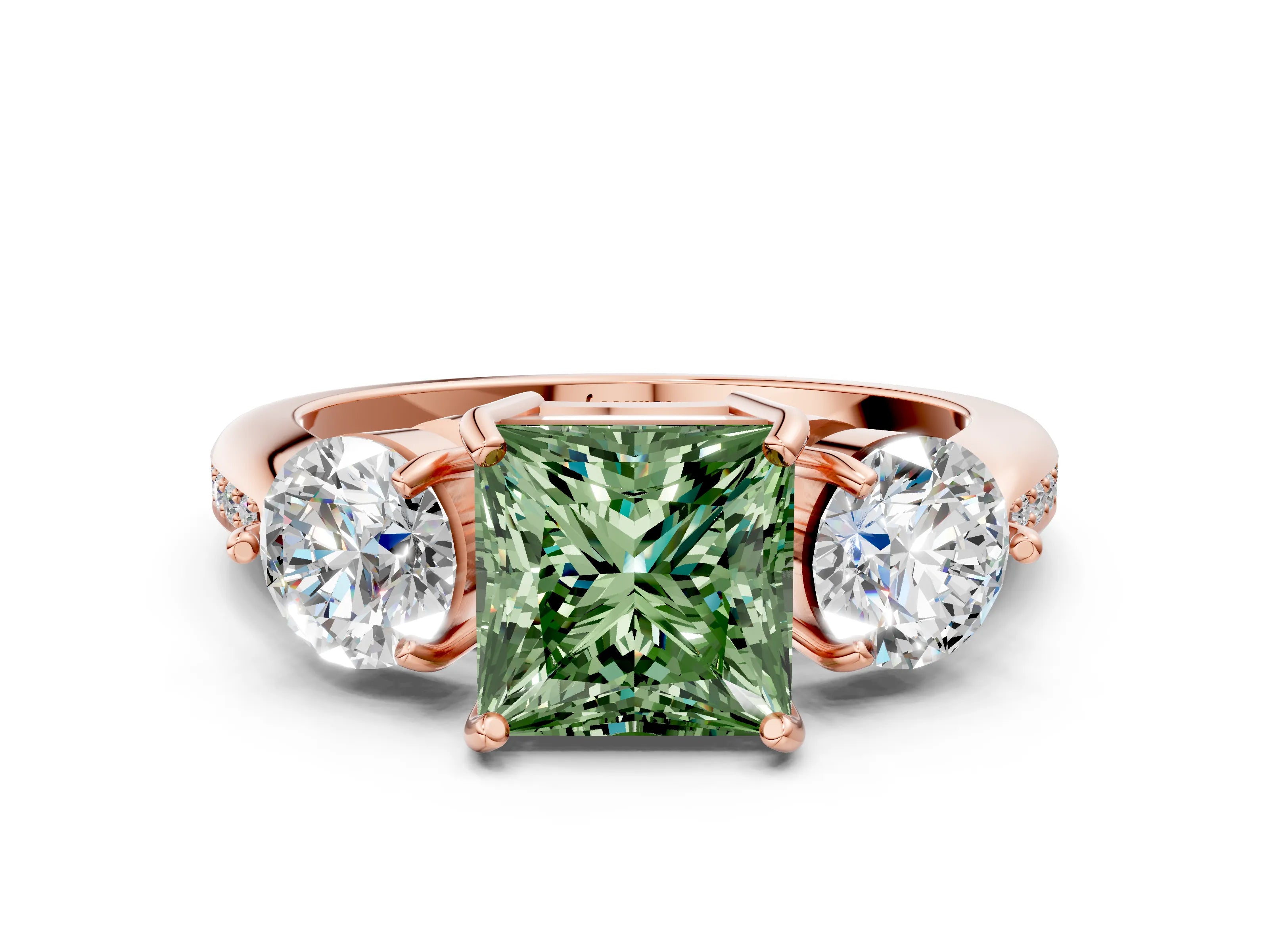 Rose gold Three-Stone Fancy Green Princess Cut Diamond Channel Set Engagement Ring with Prong Setting