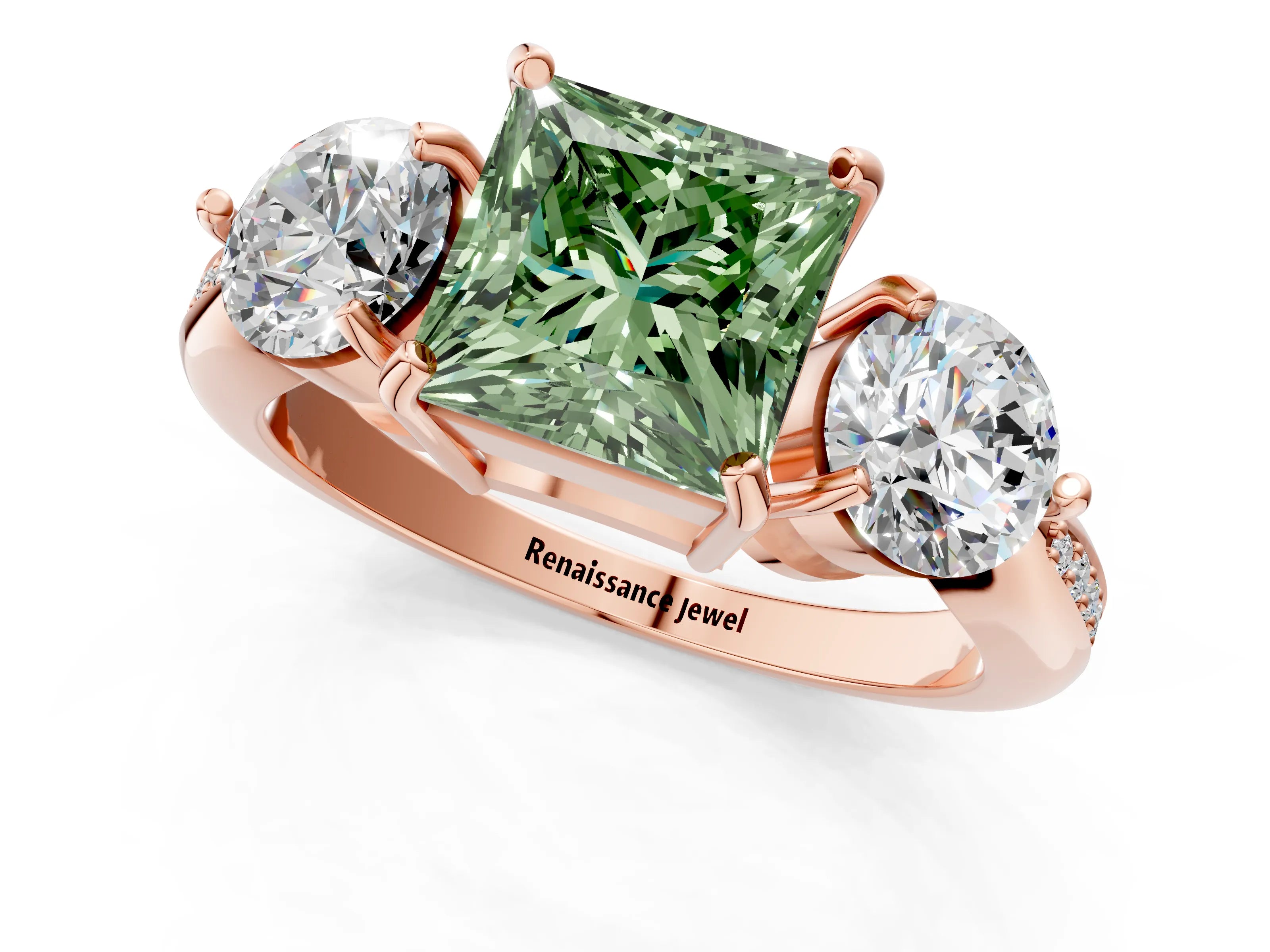 Rose gold Three-Stone Fancy Green Princess Cut Diamond Channel Set Engagement Ring with Prong Setting_1