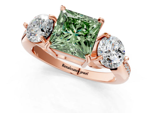 Rose gold Three-Stone Fancy Green Princess Cut Diamond Channel Set Engagement Ring with Prong Setting_1