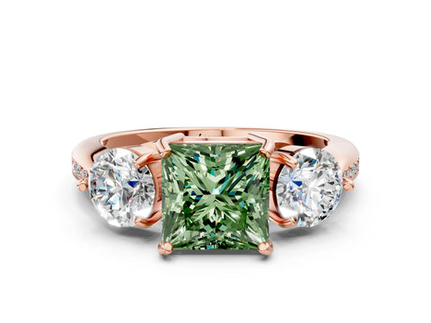 Rose gold Three-Stone Fancy Green Princess Cut Diamond Channel Set Engagement Ring with Prong Setting