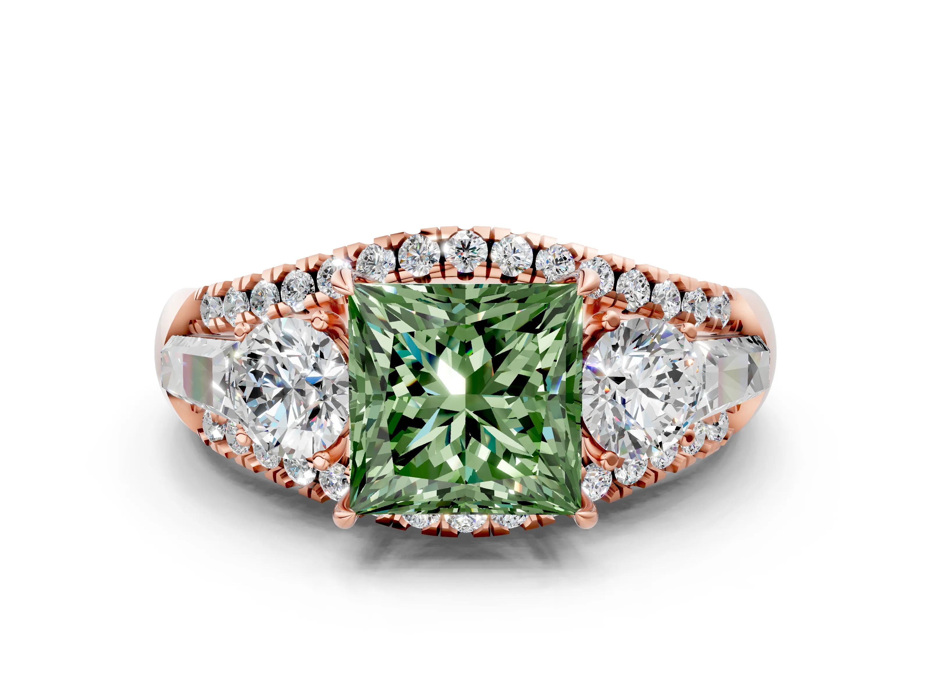 Rose gold Three-Stone Fancy Green Princess Cut Diamond Engagement Ring with Pave Band and Prong Setting
