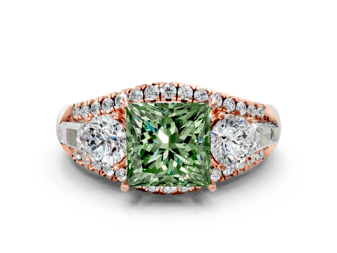 Rose gold Three-Stone Fancy Green Princess Cut Diamond Engagement Ring with Pave Band and Prong Setting