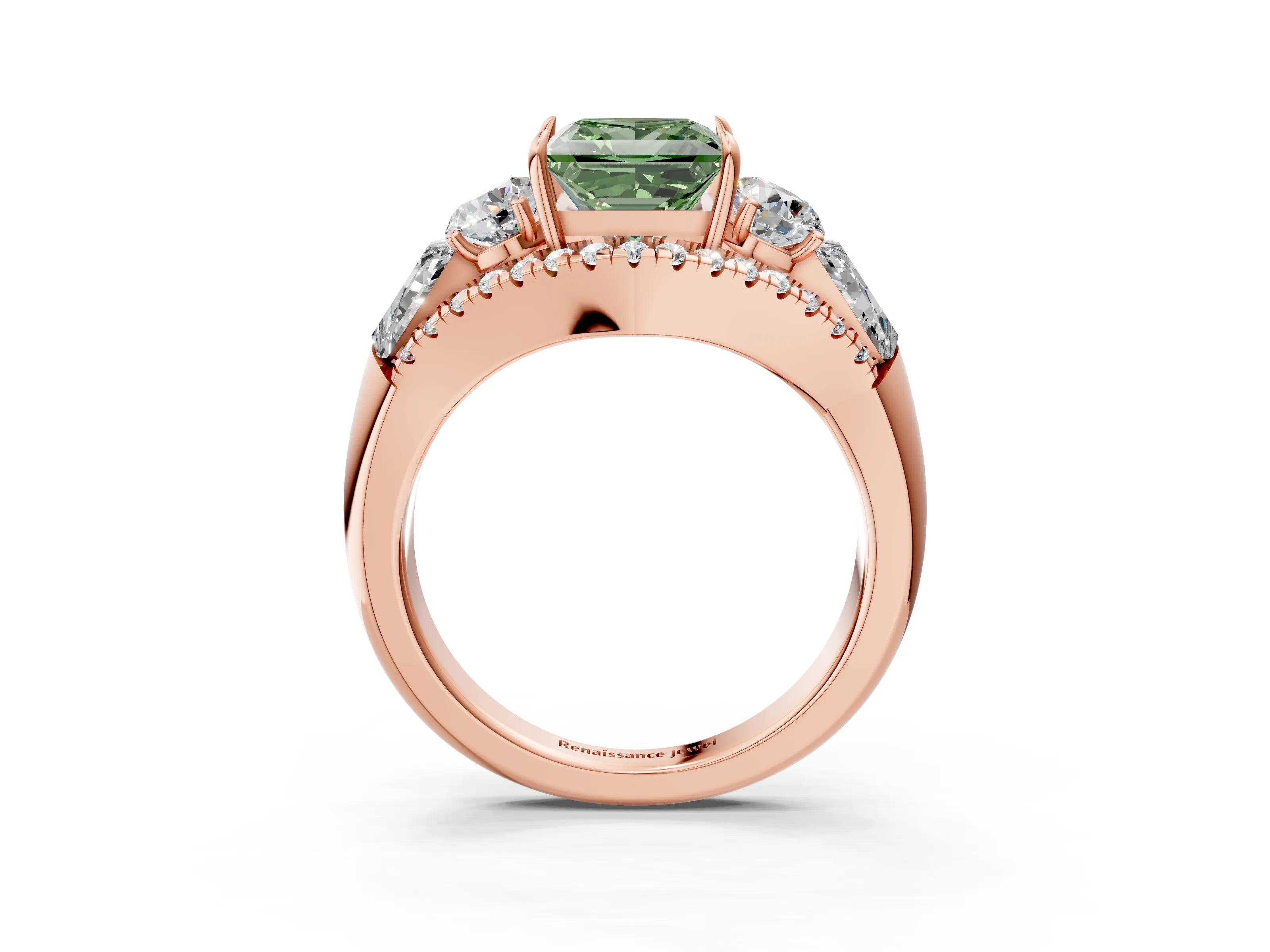 Rose gold Three-Stone Fancy Green Princess Cut Diamond Engagement Ring with Pave Band and Prong Setting_3