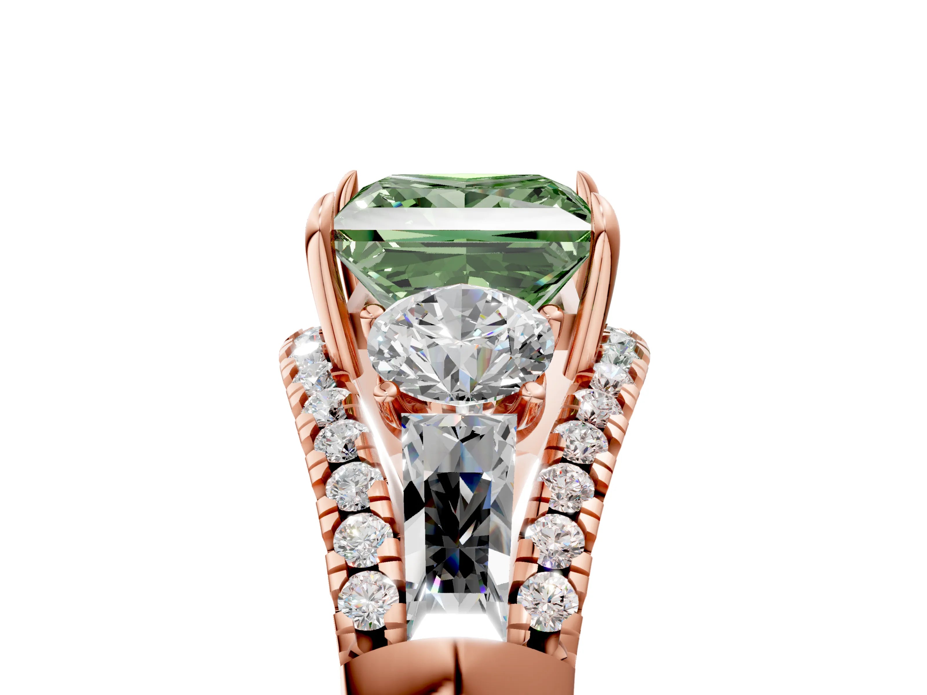 Rose gold Three-Stone Fancy Green Princess Cut Diamond Engagement Ring with Pave Band and Prong Setting_5