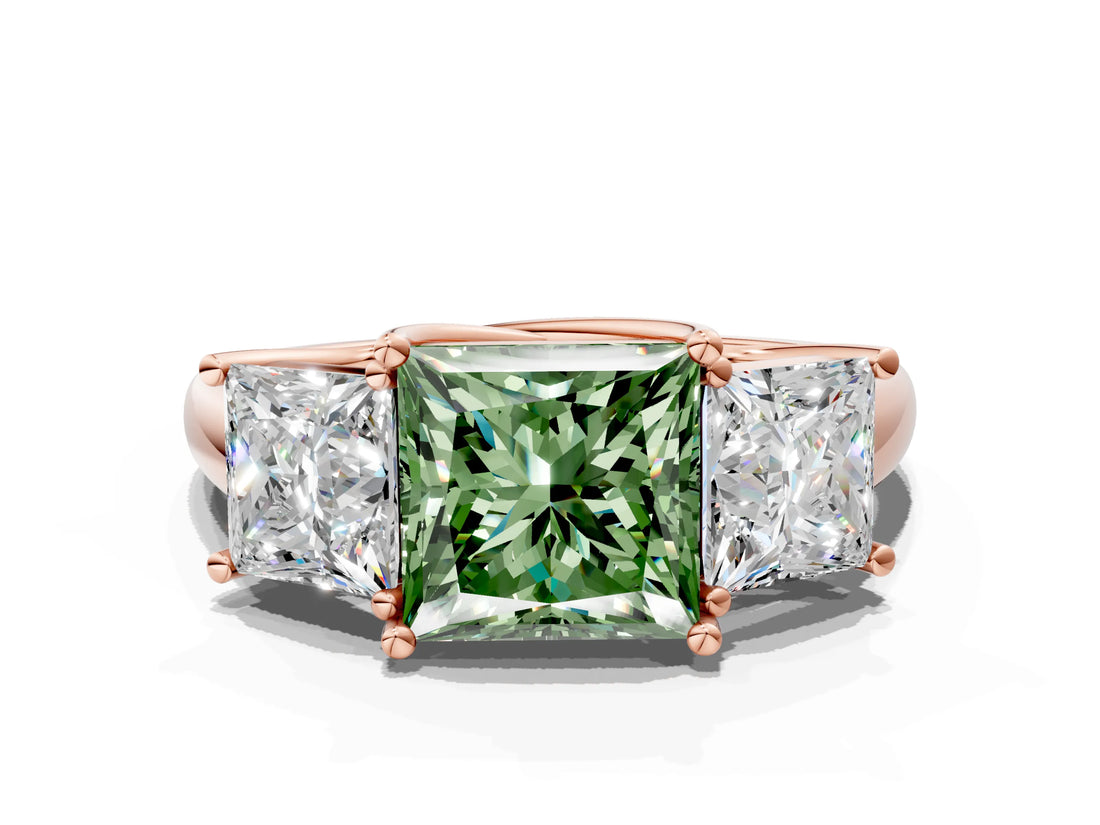 Rose gold Three-Stone Fancy Green Princess Cut Diamond Engagement Ring with Prong Setting_3