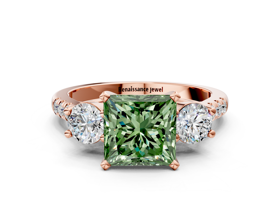 Rose gold Three-Stone Fancy Green Princess  Cut Diamond Pavé Band with Four-Prong Setting
