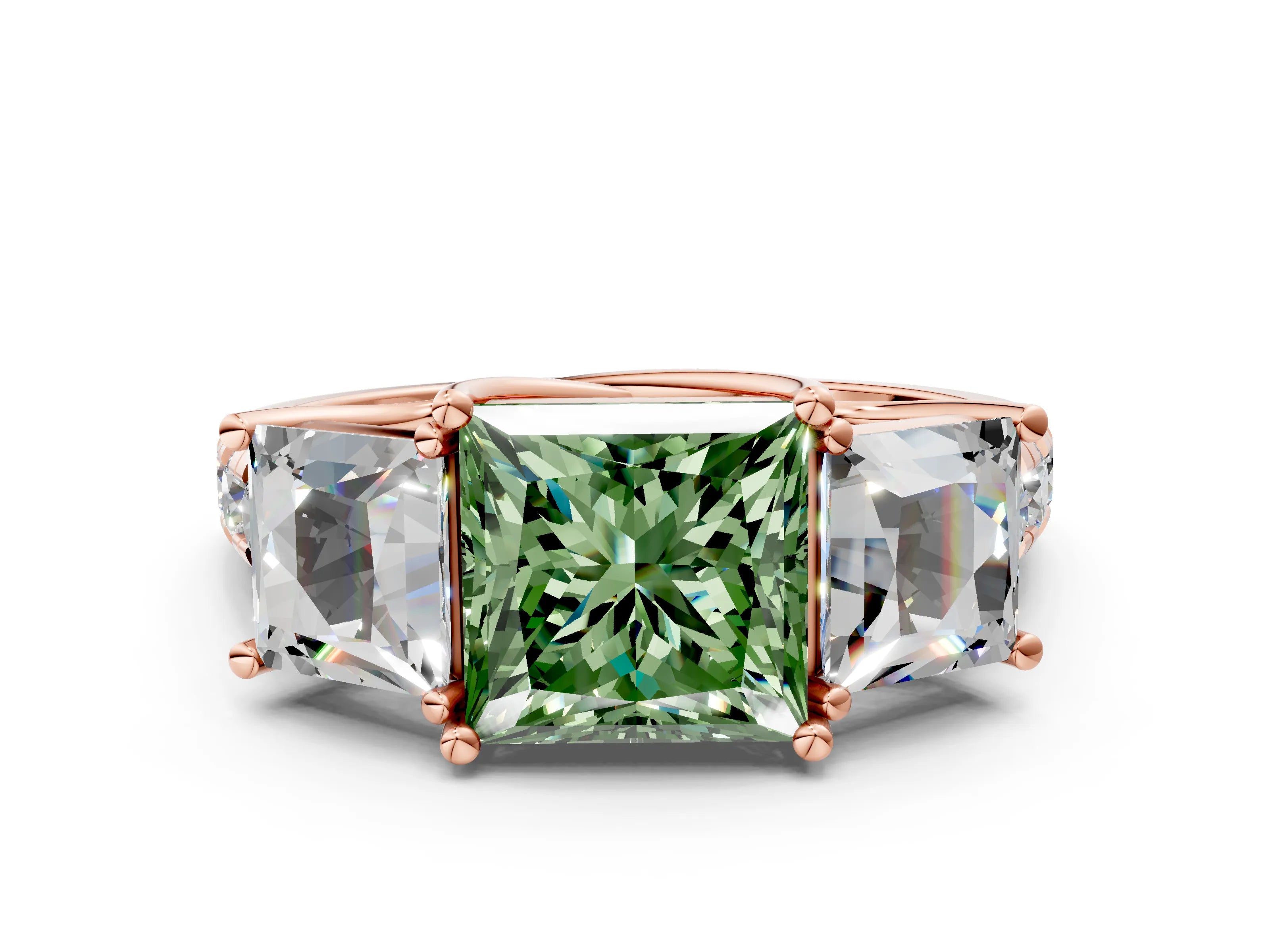 Rose gold Three-Stone Fancy Green Princess Cut Diamond Pavé Band with Prong Setting