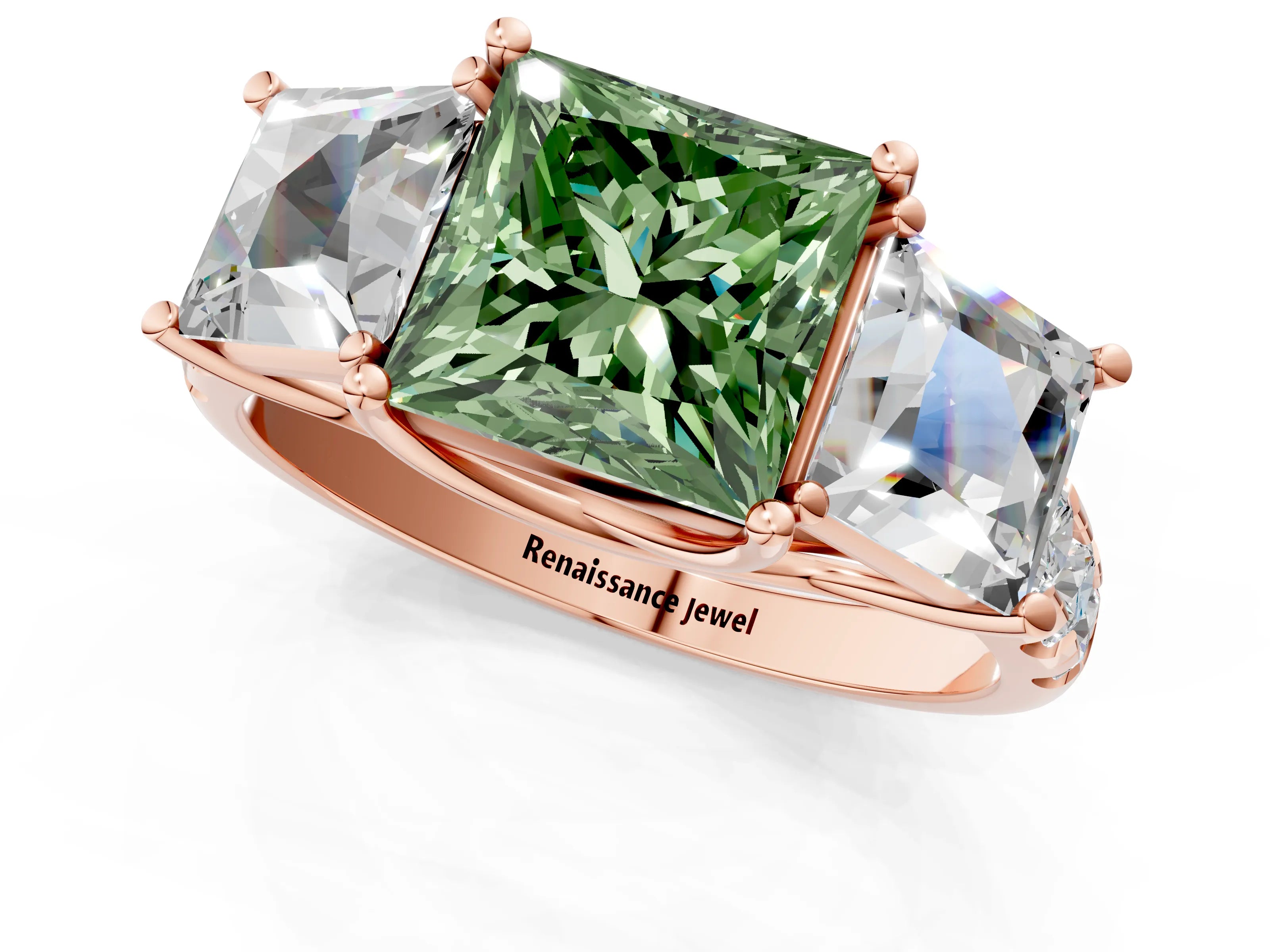 Rose gold Three-Stone Fancy Green Princess Cut Diamond Pavé Band with Prong Setting_1