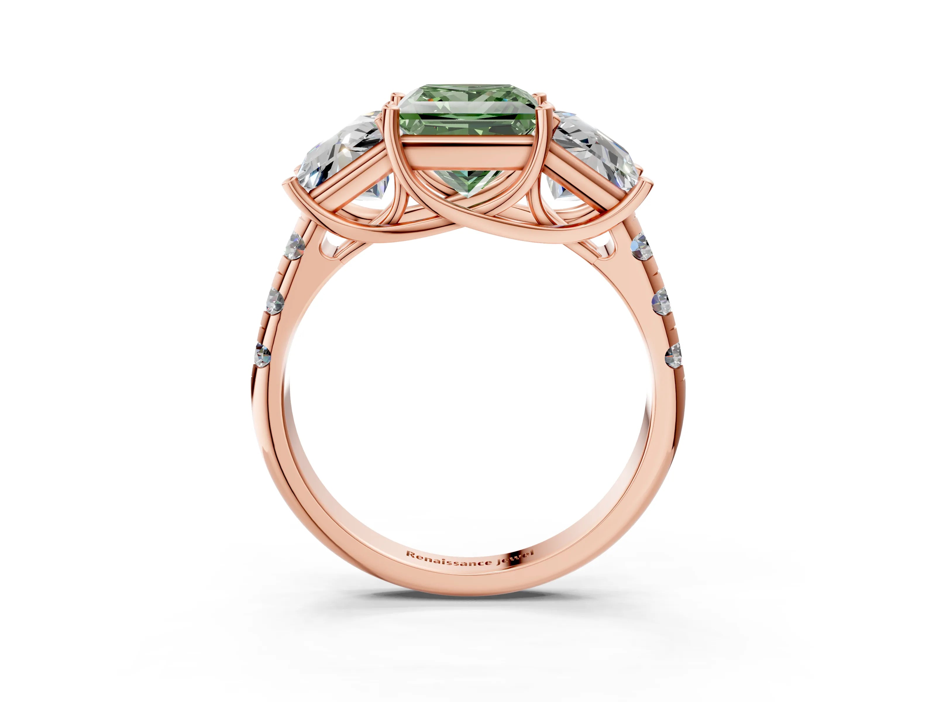 Rose gold Three-Stone Fancy Green Princess Cut Diamond Pavé Band with Prong Setting_3
