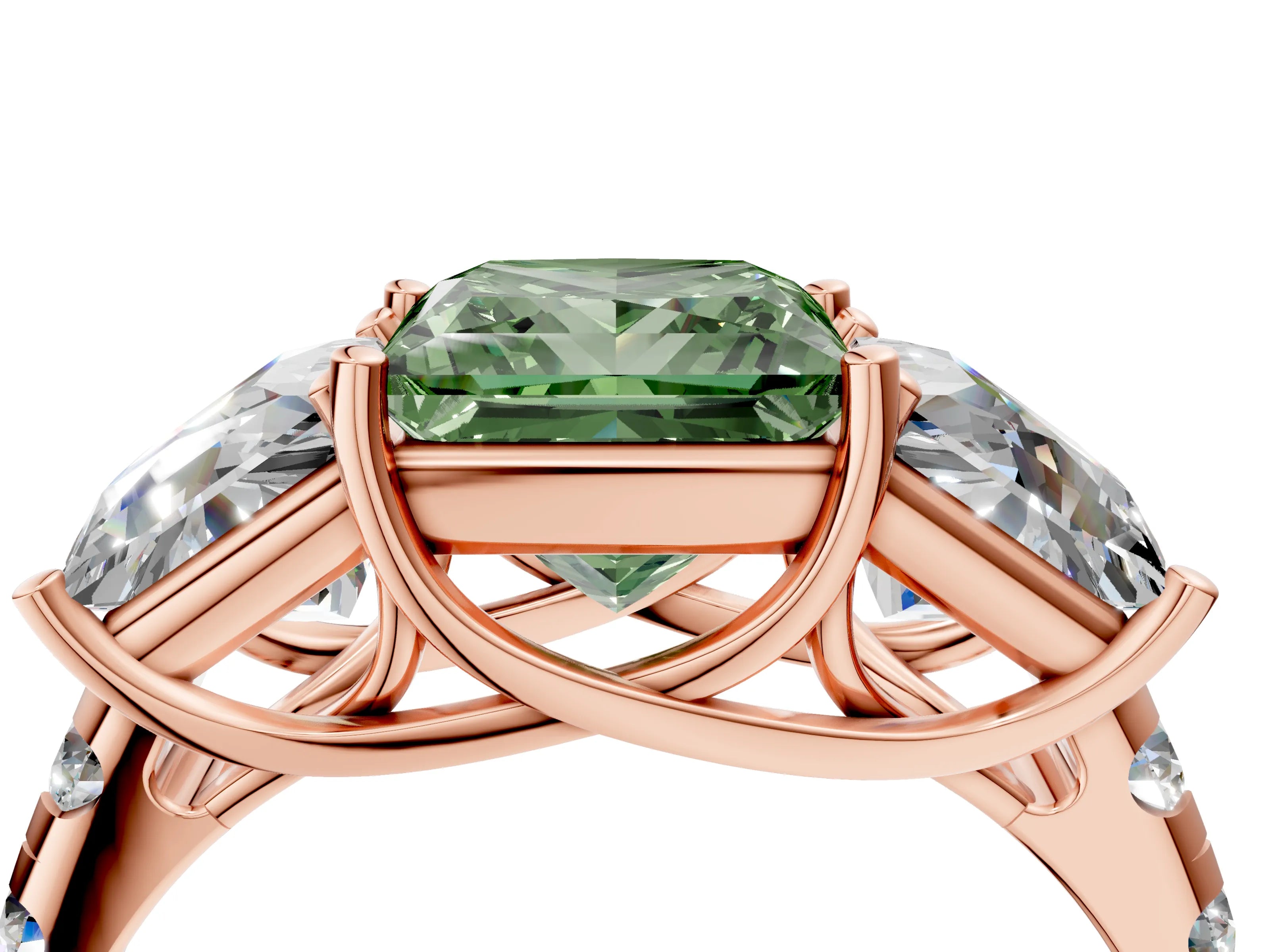 Rose gold Three-Stone Fancy Green Princess Cut Diamond Pavé Band with Prong Setting_4