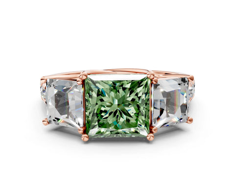 Rose gold Three-Stone Fancy Green Princess Cut Diamond Pavé Band with Prong Setting