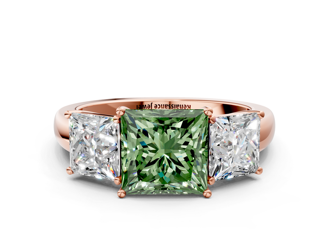 Rose gold Three-Stone Fancy Green Princess  Cut Diamond Ring with Channel-Set Band and Four-Prong Setting_17