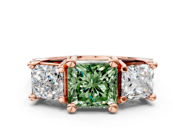 Rose gold Fancy Green Princess Cut Diamond Three-Stone Ring with Channel Set Band and Four-Prong Setting