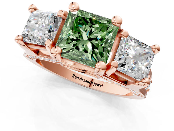 Rose gold Fancy Green Princess Cut Diamond Three-Stone Ring with Channel Set Band and Four-Prong Setting
