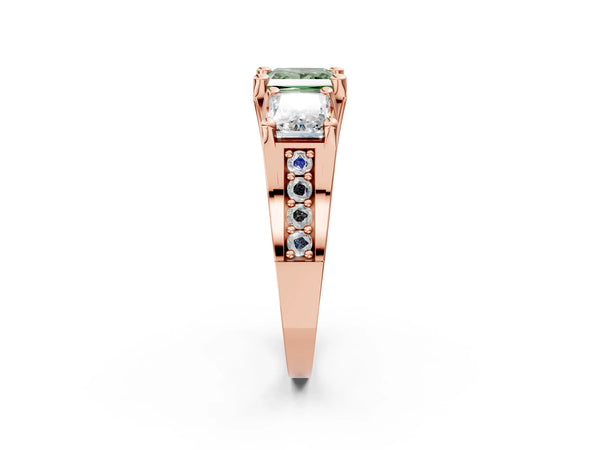 Rose gold Fancy Green Princess Cut Diamond Three-Stone Ring with Channel Set Band and Four-Prong Setting