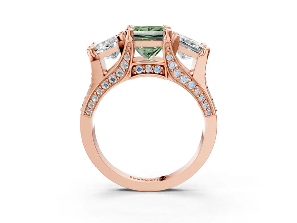 Rose gold Fancy Green Princess Cut Diamond Three-Stone Ring with Channel Set Band and Four-Prong Setting