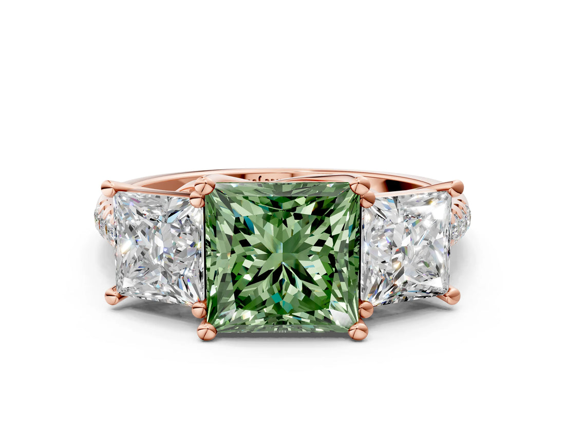 Rose gold Three-Stone Fancy Green Princess Cut Diamond Ring with Pavé Band and Prong Setting_46