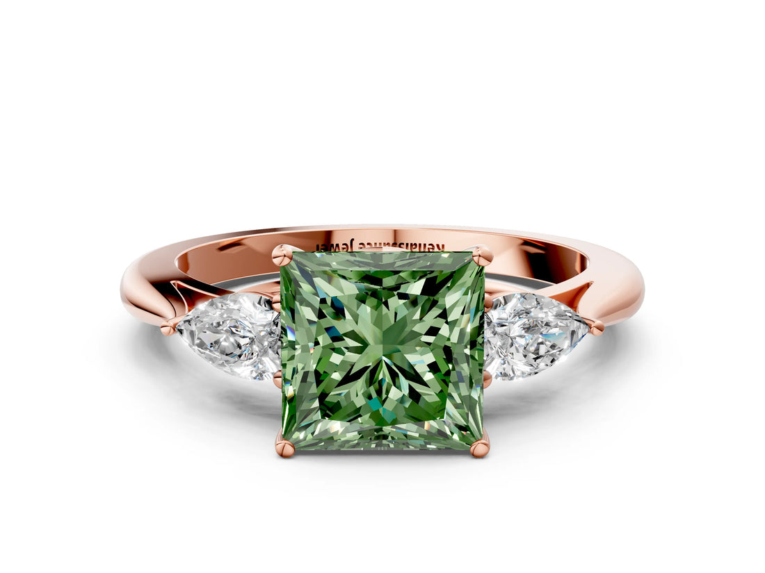 Rose gold Three-Stone Fancy Green Princess Cut Diamond Ring with Pear  Side Stones in Four-Prong Setting_36